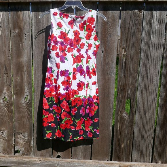 Chaps Floral Sleeveless Sheath Dress White Black Red Poppy Print Cotton Blend 4 - Picture 5 of 12